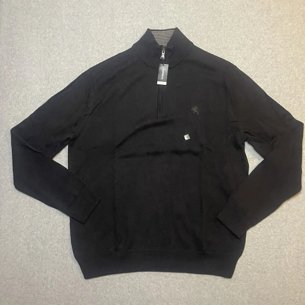 Vintage Express Men's Black Knit 1/4 Zip Mock Neck Pullover Sweater XL